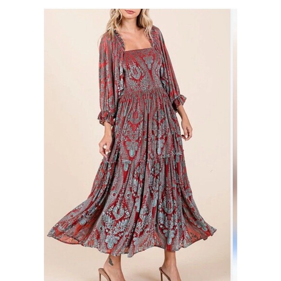 Fate Curve Women's Brick Red/Teal Burnout Velvet Midi Maxi Dress Size Small - Picture 1 of 13